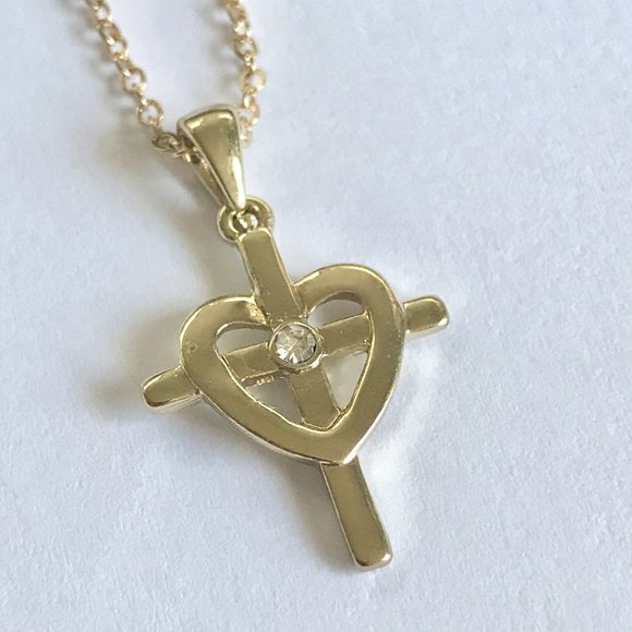 Sacred Heart Cross Necklace 18" Gold Plated Crystal Catholic Christian Gift - Picture 7 of 11